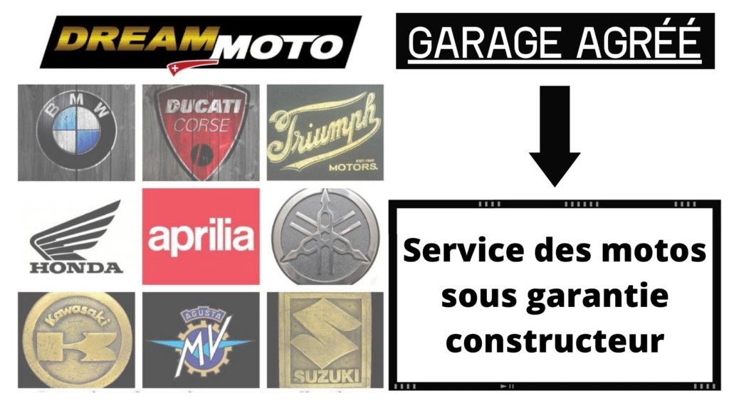 Affiche de publicité Dream Moto expliquant les marques de moto dont l'entretien est assuré par le garage Dream Moto