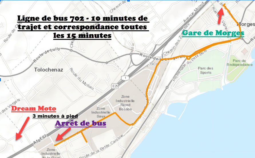 Carte indiquant les arrêts de bus et situation géographique de l'atelier Dream Moto