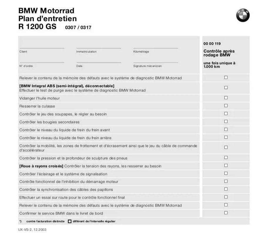 Check list du plan d'entretien moto BMW