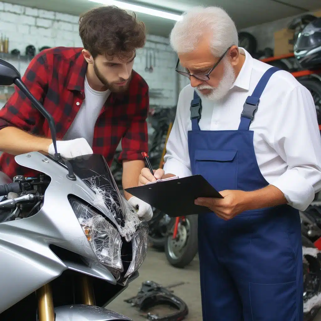 Expert d'assurance venant inspecter les dégâts de sinistre sur une moto